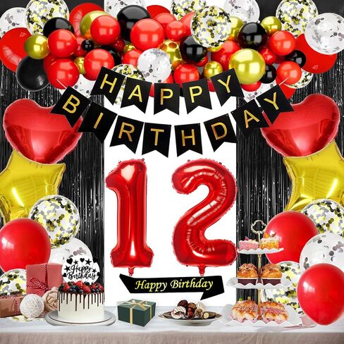 Red 21 عيد ميلاد ديكورات عيد ميلاد سعيد كعكة الكعكة Topper Sash Black Fringe Stertains Heart Star Number 21 بالونات بالونات لحفلة 21 أو 12 عامًا in Saudi Arabia