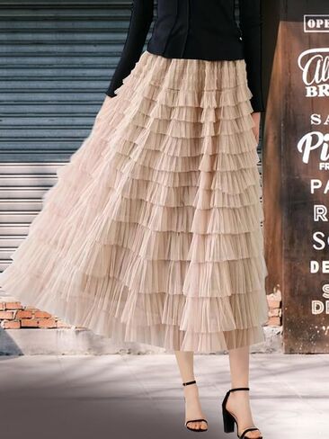 Women's Layered Tulle Skirts A Line Ruffle High Waisted Mesh Long Maxi Skirt Petticoat in Kuwait