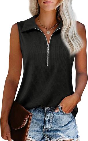 Vivilli Womens Ribbed Tank Top Zipper V Neck Dressy Casual Blouses Sleeveless Camisole Tops Work Tank Polo Shirts in Saudi Arabia