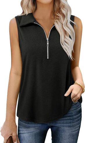 Vivilli Womens Ribbed Tank Top Zipper V Neck Dressy Casual Blouses Sleeveless Camisole Tops Work Tank Polo Shirts in Saudi Arabia