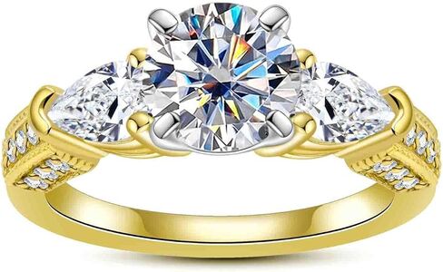 Idocare 3CT/5CT Moissanite Engagement 3 Stone Rings D Color VVS1 Round Cut 14K Yellow Gold Plated 925 Sterling Silver Promise Anniversary Rings for Women in Saudi Arabia