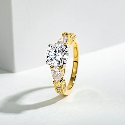 Idocare 3CT/5CT Moissanite Engagement 3 Stone Rings D Color VVS1 Round Cut 14K Yellow Gold Plated 925 Sterling Silver Promise Anniversary Rings for Women in Saudi Arabia