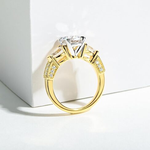 Idocare 3CT/5CT Moissanite Engagement 3 Stone Rings D Color VVS1 Round Cut 14K Yellow Gold Plated 925 Sterling Silver Promise Anniversary Rings for Women in Saudi Arabia