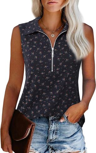Vivilli Womens Ribbed Tank Top Zipper V Neck Dressy Casual Blouses Sleeveless Camisole Tops Work Tank Polo Shirts in Saudi Arabia