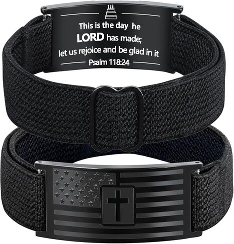 Valentines Day Gifts - Mens Bracelet - American Flag Christian Cross Bracelet for Boys - Adjustable Black Elastic Stretch Strap with Bible Verse - Gift for Son Grandson in Saudi Arabia