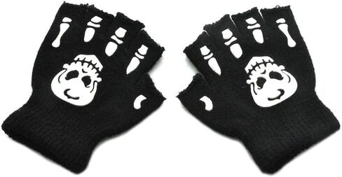 Toddler Kids Halloween Cosplay Skeleton Skull Half Finger Gloves Glow in The Dark Luminous Fingerless Winter Mittens Black+White in Saudi Arabia