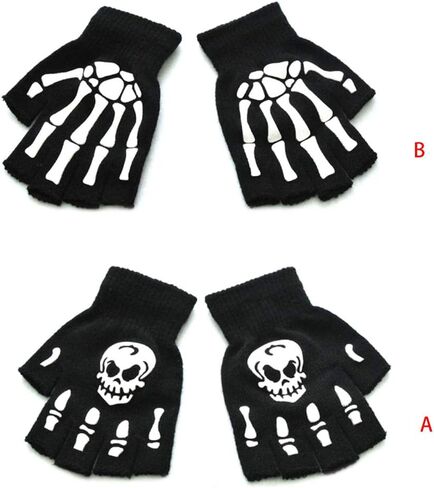 Toddler Kids Halloween Cosplay Skeleton Skull Half Finger Gloves Glow in The Dark Luminous Fingerless Winter Mittens Black+White in Saudi Arabia