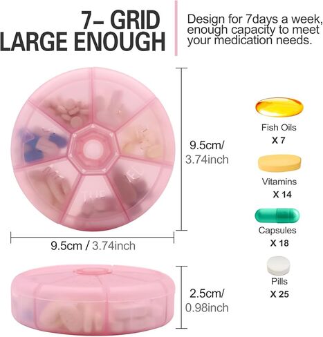 Portable Weekly Pill Organizer 7 Day Pills Container, Round Pill Case Travel Friendly, Daily Week Pill Reminder Case, BPA-Free Vitamin, Supplement, Fish Oil, Medication Planner (Black) in Kuwait