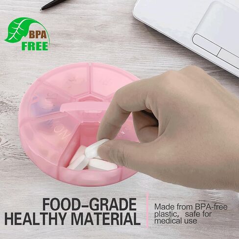 Portable Weekly Pill Organizer 7 Day Pills Container, Round Pill Case Travel Friendly, Daily Week Pill Reminder Case, BPA-Free Vitamin, Supplement, Fish Oil, Medication Planner (Black) in Kuwait