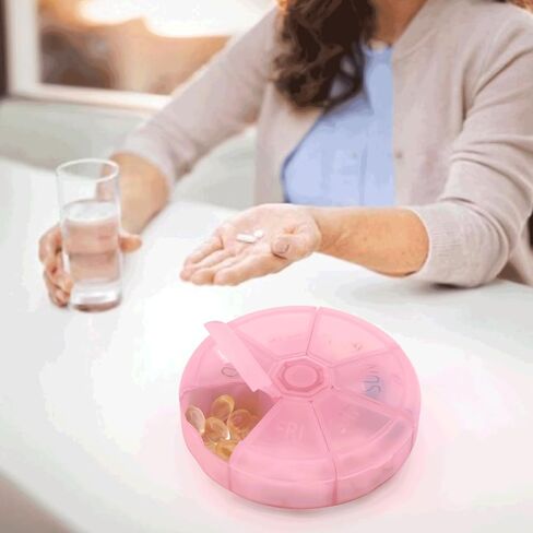 Portable Weekly Pill Organizer 7 Day Pills Container, Round Pill Case Travel Friendly, Daily Week Pill Reminder Case, BPA-Free Vitamin, Supplement, Fish Oil, Medication Planner (Black) in Kuwait