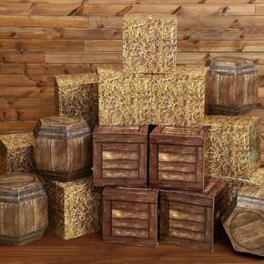 8 Western Cowboy Party Decorations 11.8 Inches Hay Bales Boxes Decor Include Wood Grain Wine Barrel Boxes Hay Decoration for Pirate Farmhouse Western Themed Party