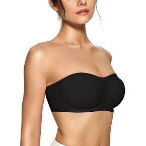 OEAK Womens Strapless Bras Push Up Bandeau Bra Non Slip Wireless Supportive Padded Bras Seamless Comfortable Tube Bra Large Black