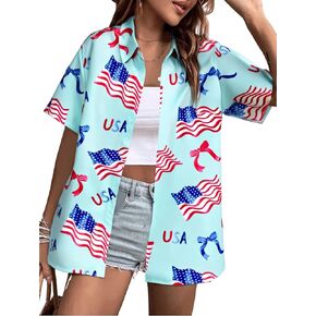 American Flag Shirt Women Hawaiian Patriotic Memorial Day Shirt 4th of July Shirts USA Stars Stripes Button Up Top
