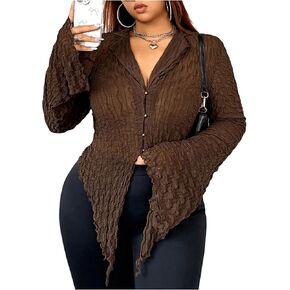 Women's Plus Size Button Front Flared Long Flare Sleeve Shirts Asymmetrical Hem Collar V Neck Blouse Tops