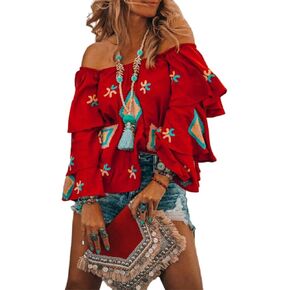 Womens Boho قبالة الكتف الكنكش الأكمام الطويلة بلوزات هندسية طباعة مكسيكية حمراء خار