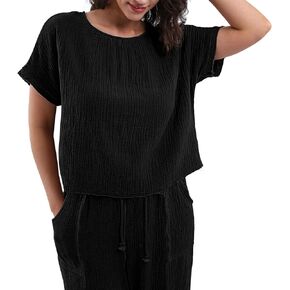 Amazhiyu Women's Cotton Gauze Summer Short Sleeve Crewneck Crop Tops Casual Blouse