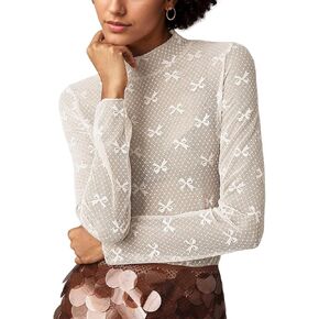 Women Lace Mesh Bow Knot Long Sleeve Tops Mock Neck See Through Sexy Blouse Shirts Sheer Layering Clubwear