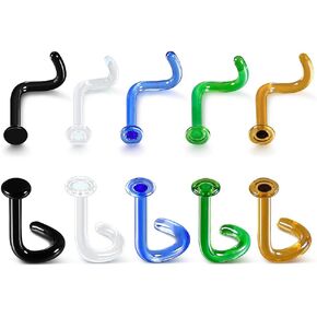 10Pcs Glass Nose Studs Retainers Set, Flat Top Nose Screw Style for Work, Surgery, MRIs, CT, Hypoallergenic, 18g/16g, 7mm Bar Length, 5 Colors