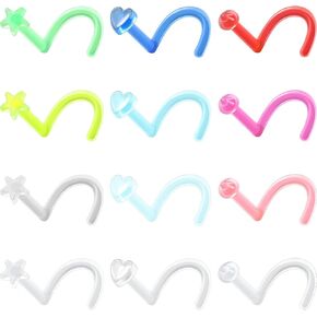 OUFER 12PCS Nose Studs, 18G Colorful Clear Bioflex Acrylic Nose Rings, Retainer Nose Nostril Piercing Jewelry, Plastic Heart Star Nose Rings For Women, Bone Shape Nose Scews