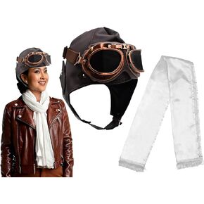 Deluxe Vinyl Retro Pilot Aviator Helled Kit Flying Hat Hat Goggles and وشاح مجموعة الأزياء وحجم واحد