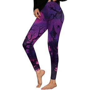 Women Halloween Party Graphic Funny Leggings Skinny Spooky Scary Tight Pants Purple Midnight XL