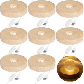 8 PCS قواعد الضوء الخشبية LED - قطرها 3.9 بوصة ، ارتفاع 0.8 بوصة ، مدعوم من USB ، 3 أوضاع إضاءة ، معرض الكريستال للديكور المنزلي ، الحرف ، الزجاج الفني