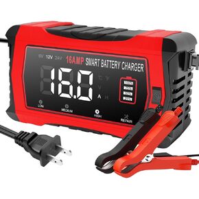 16-Amp 24V/12V Portable Car Battery Charger,Smart LiFePO4 Lithium Lead-Acid Battery Charger,Trickle Charger,Maintainer w/Temperature Compensation for Motorcycles Boats ATVs Lawn Mower