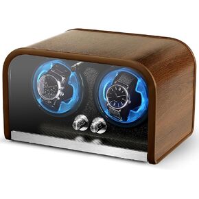 Watch Winder for Automatic Watches, Watch Winders Box for Rolex,Double Japanese Silent Motor, 4 Rotation Mode Setting, Blue Light, Plug-in or 2 * AA Batteries (not included), Retro Style, Gift for man