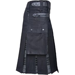 Men's Plus Size Scottish Hybrid Black Cotton & Tartan Utility Kilt with Leather Straps in Kuwait