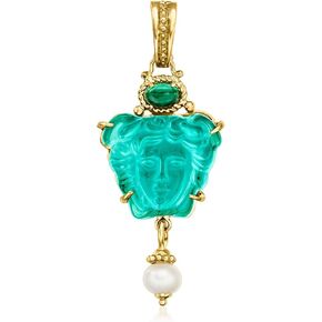 Ross-Simons Italian Tagliamonte Green Venetian Glass, Malachite and 7.5-8mm Cultured Pearl Medusa Pendant in 18kt Gold Over Sterling