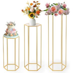 Dyna-Living Gold Cylinder Pedestal Stands for Party - 3PCS 23.6"/31.5"/39.4" Display With Acrylic Plate for Wedding, Cake, Metal Plant Columns for Vases, Birthday Party Decoration