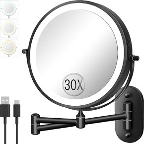 30X/1X Wall Mounted Lighted Makeup Mirror, 8'' Double Sided Rechargeable Magnifying Bathroom Mirror with Light, 3 Color Lights Touch Dimmable Extended Arm 360 Rotation Light up Mirrors in Kuwait