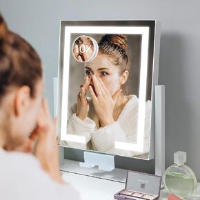 Kottova Lighted Makeup Mirror, Hollywood Vanity Mirror with Lights, Three Color Modes, 10X Magnification, Smart Touch Control, Detachable 10X Mirror, Metal Frame, 360° Rotation（14.5in,White） in Kuwait