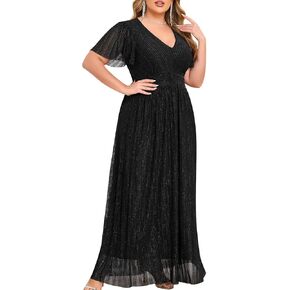 ZOMVA Plus Size Maxi Formal Dress Sparkly V-Neck A-line Ruffle Sleeves Evening Gown Cocktail Prom Glitter