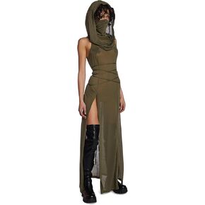 Dolls Kill Echo Hooded Slit Maxi Dress by Darker WAVS - Semi-Sheer Marled Jersey Dress with Draped Hood for Edgy Fashion - Green, Small