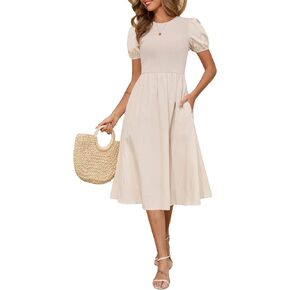 Zattcas Womens 2025 Summer Casual Ribbed Midi Dress Crewneck Short Puff Sleeve Striped Fit and Flare Flowy Dress with Pockets
