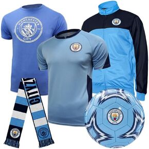 Icon Sports Officially Licensed Manchester City FC Ultimate Fan Pack, 5-Pc Soccer Set, Jacket, Shirts, Scarf & Soccer Ball