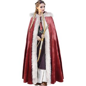 L'VOW Viking Fur Cloak with Hood Fur Hooded Cape for Women Men Ren Faire Medieval Cosplay