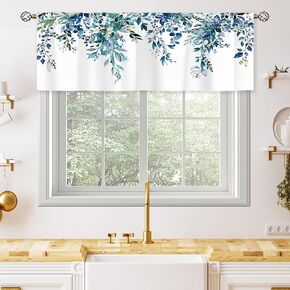 Teal Eucalyptus Botanical Leaves Valances Kitchen Curtains Flower Window Drapes Turquoise Blue Floral Plants Botanical Wildflower Bedroom Bathroom Living Room Treatment Tier 52Wx18H Inch
