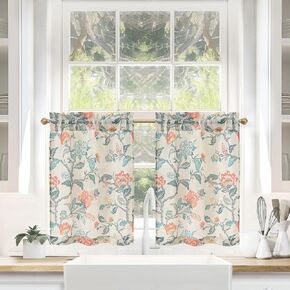 DriftAway Kitchen Curtain Floral Tier Linen Short Floral Paisley Patterned Cafe Curtains 36 Inch Length for Living Room Bathroom Freda Jacobean Farmhouse Country Drapes Rod Pocket 2 Panels Navy