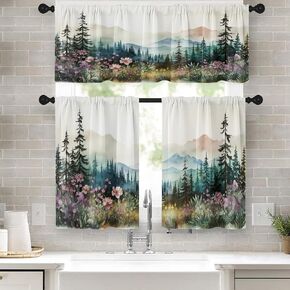 Floral Kitchen Window Curtains Valance and Tier Set 36 Inch, Watercolor Forest Mountains Trees Rod Pocket Short Tier Curtain, Modern Ink Spring Small Cafe Drapes for Kitchen Decor