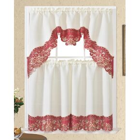 GOHD Arch Rosarium 3pcs Kitchen Curtain Set, Elegant Ivory Fabric with Rose Embroidery in Distinctive Gold Thread, Swag and Kitchen Tiers Set with cutworks on Border (Riverside Blue)