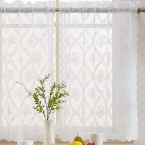 HLC.ME Isabella Floral Rod Pocket Lace شبه شفاف مستويات مقهى قصيرة للنوافذ الصغيرة - بطول 28 × 36 بوصة (مستويات بيضاء ، مجموعة من 2)