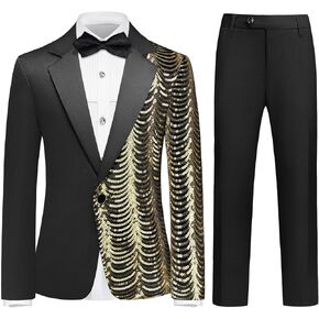 Lamgool Tuxedo Suits for Boys Kids Formal Outfit 4-Piece Set with Sequin Blazer Dress Shirt Black Pants Bow tie Prom Wedding