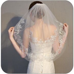 Yalice Floral Bride Wedding Veils for Brides Short Flower Lace Veils 2T 2 Tier Veil Waist Length Bridal Veils Soft Tulle