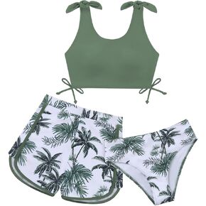 Weixinbuy Girls Swimsuit Bikini Set 3 Piece Kids Tropical Print Swimwear with Shorts Bathing Suit for Teens 9-16 Years
