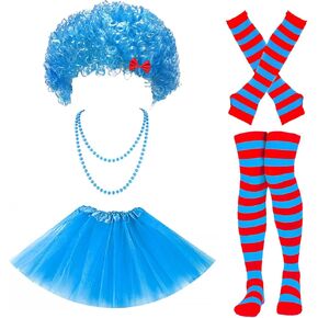 Blue Tulle Tutu Costume Accessories Set for Women with Tutus Skirts Blue Red Striped Thigh High Socks Arm Warmers Wig Necklace