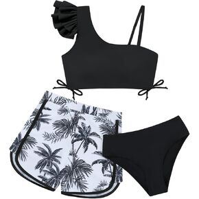 Weixinbuy Girls Swimsuit 3 Piece Bathing Suit for Teens Kids Ruffle Swimwear Tropical Floral Print Bikini Set for 9-16T