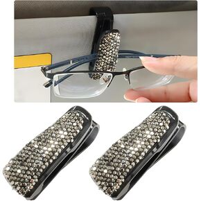 2 PCS Car Sun Visor Glasses Holder, Fashion Bling Car Eyeglasses Sunglasses Hanger for Women Girls, Glasses Holder Clip Hanger Mount with Ticket Card Clip, Car Accessories (Black)