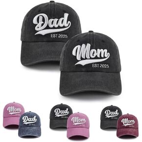 2PCS Mom and Dad EST 2025 Hat, Adjustable 3D Embroidered New Parents Gifts Baseball Cap